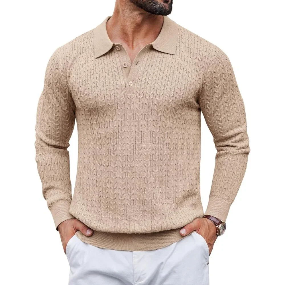 Men's Knit Polo Sweater Long Sleeve Quarter Button Polo Shirts Casual Ribbed Col